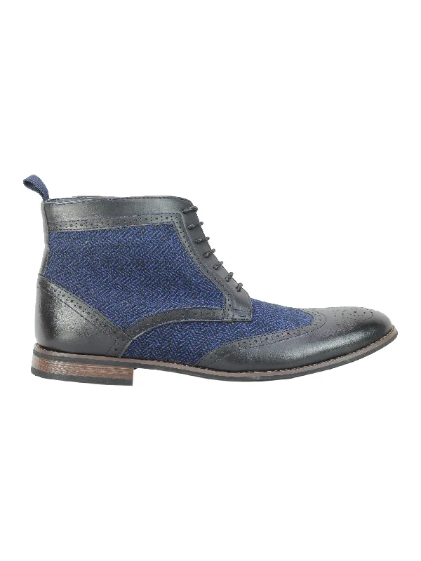 FAUX LEATHER TWEED BROGUE BOOTS LACE UPS