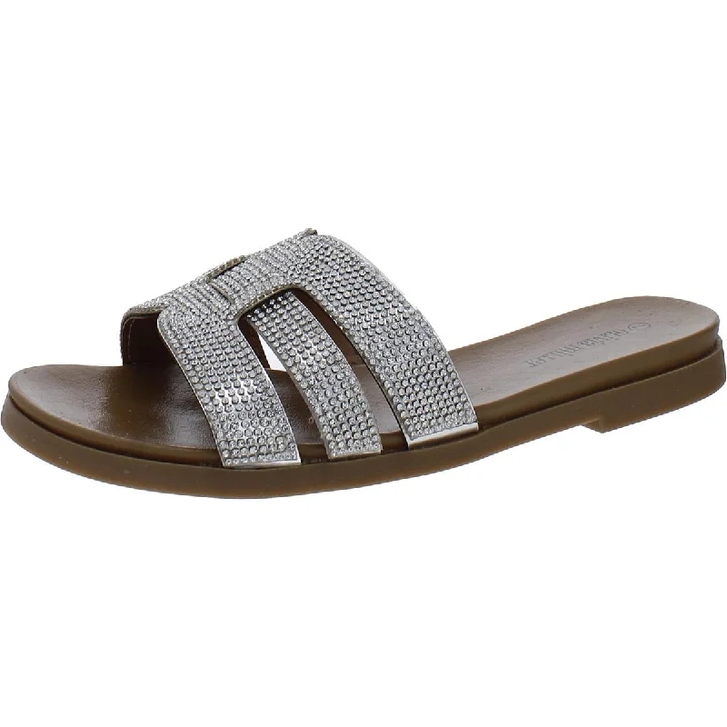 Olivia Miller Womens Faux Leather Rhinestone Slide Sandals