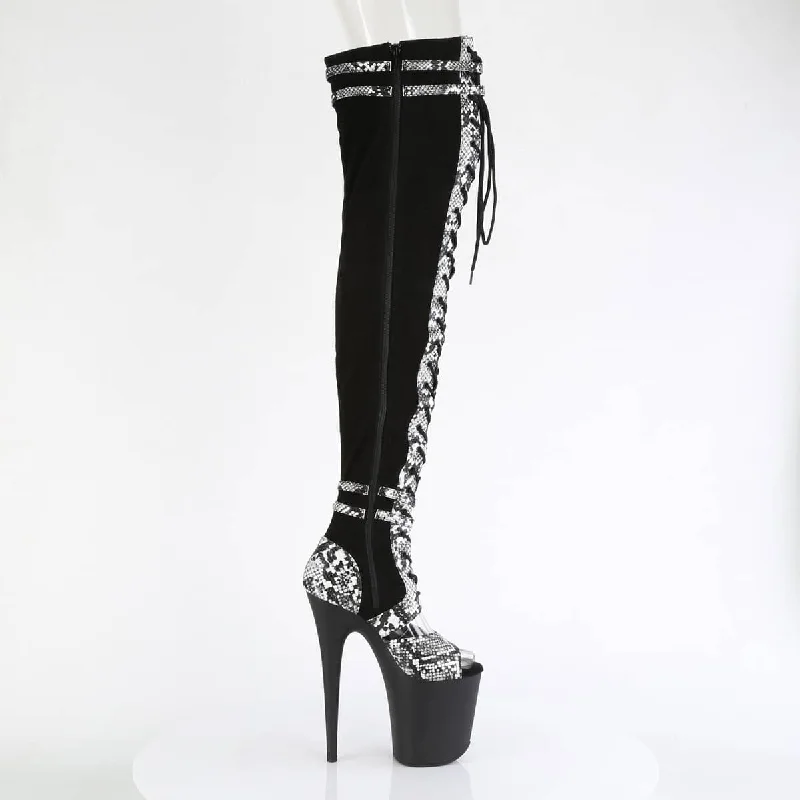 FLAMINGO-3027SP Black Thigh High Peep Toe Boots