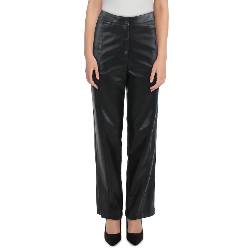 DKNY Womens Faux Leather High Rise Straight Leg Pants