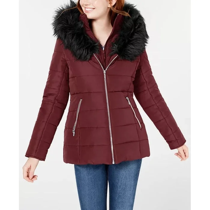 Maralyn & Me Women's Faux Hooded Water Resistant Puffer Winter Jacket Burgundy Size Large