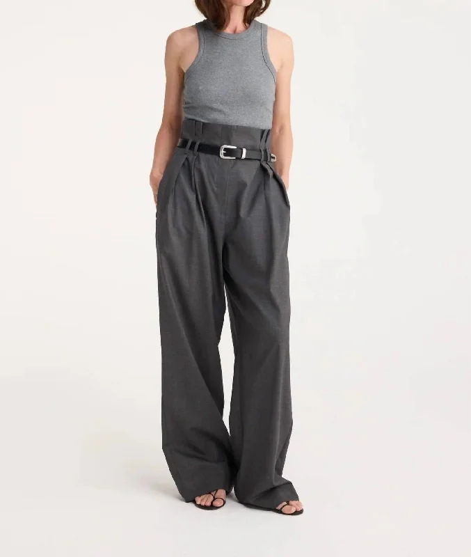 High-Waisted Paperbag Trousers In Dark Grey Melange