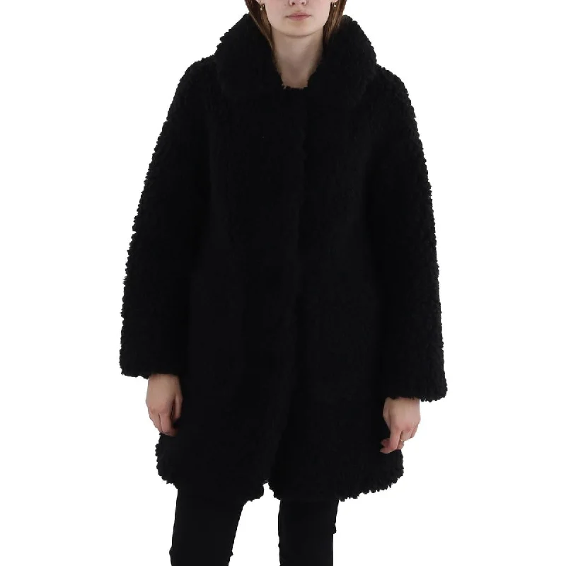 DKNY Jeans Womens Sherpa Long Sleeves Faux Fur Coat