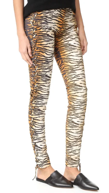 Animal Print Tiger Side Lace Up Dent Pants In Multicolor