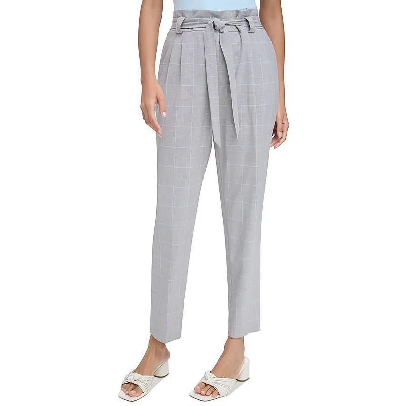 Calvin Klein Womens Glen Plaid Belted Straight Leg Pants