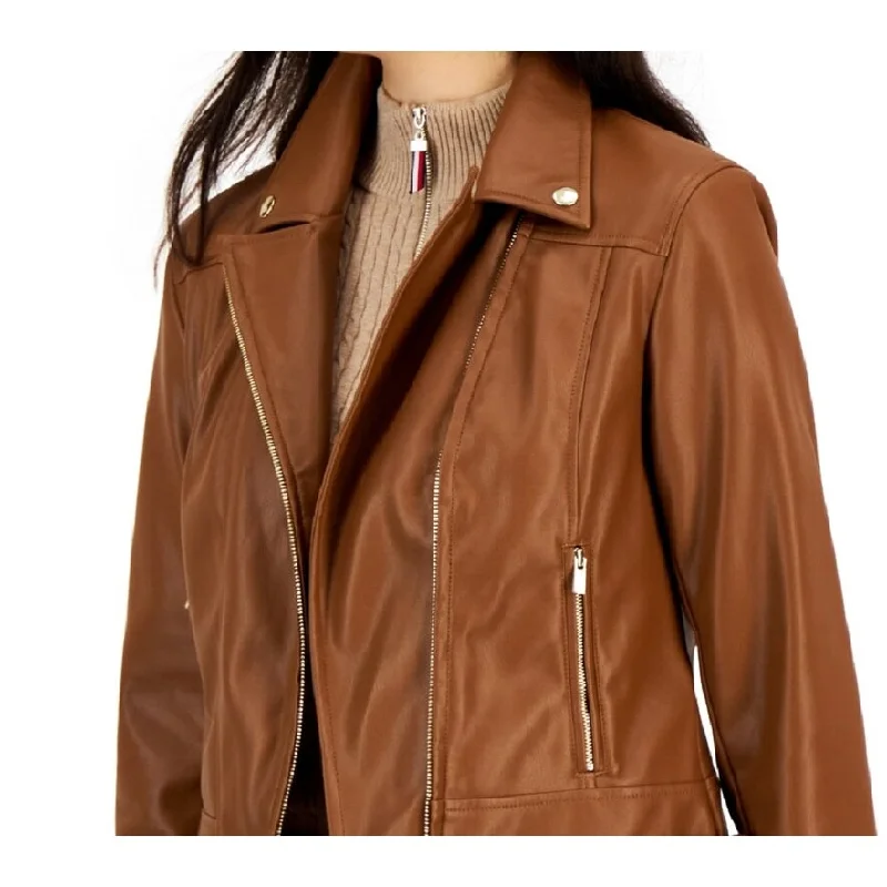 Tommy Hilfiger Women's Faux Leather Moto Jacket Brown Size Large