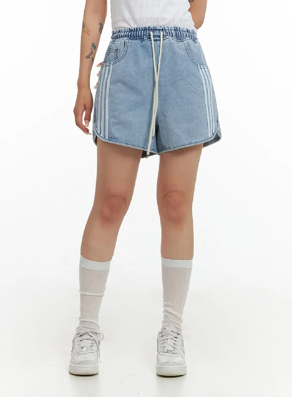 String Waist Stripe Denim Shorts CL415