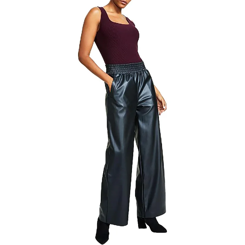 Bar III Womens Petites Stretch Faux Leather Wide Leg Pants