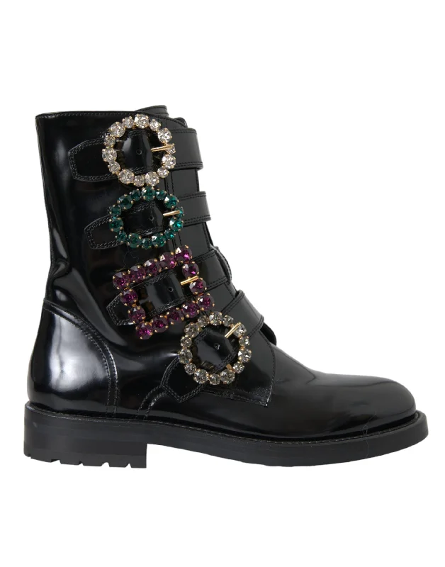 Dolce & Gabbana  Leather Crystal Buckles Boots Women's Shoes