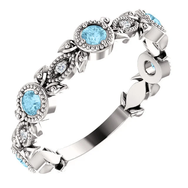 14K White Gold Aquamarine & .03 CTW Diamond Leaf Ring