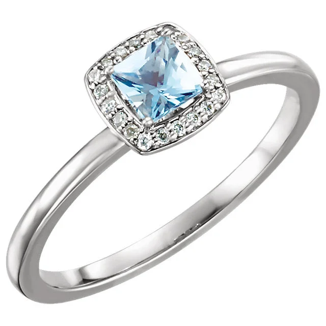 14K White Gold Aquamarine Square & .05 CTW Diamond Halo Ring