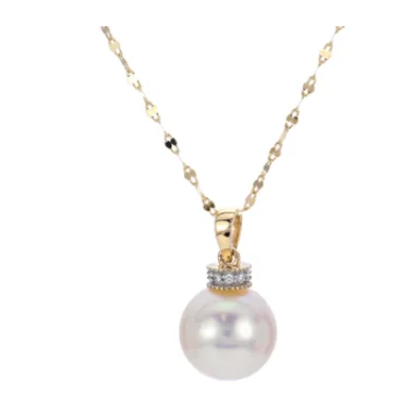 14K Yellow Gold 9.5-10mm Freshwater Pearl & Diamond Drop Necklace