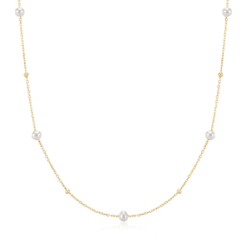 14K Yellow Gold Alternating Bead & Pearl Station Necklace by Aurelie Gi