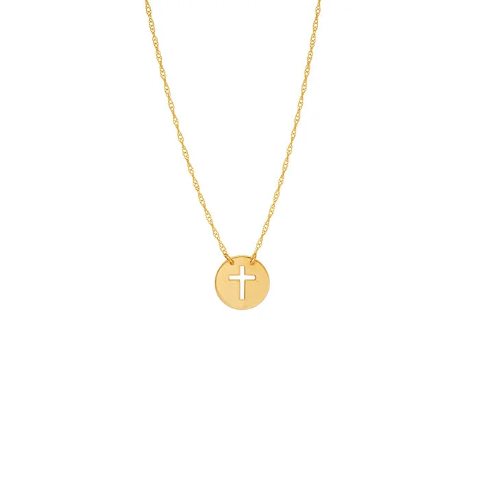 14K Yellow Gold Cut Out Cross Disc Necklace by Midas Chain