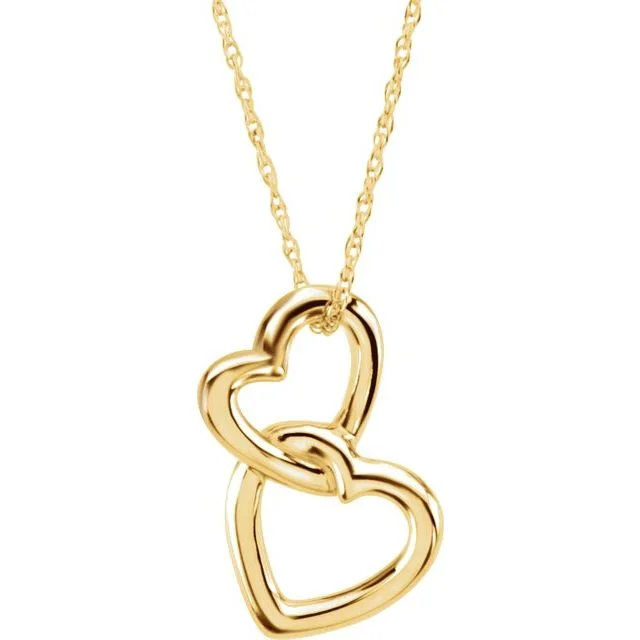 14K Yellow Gold Solid Double Heart 18" Necklace