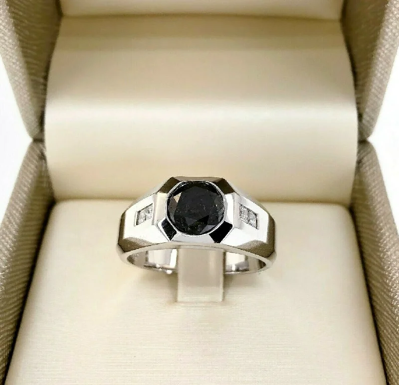 2.60 Carats Mens White and Black Diamond Signet Ring 14KW Gold 2.30 ct Center