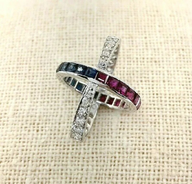 2.75 Carats Blue Sapphire, Ruby & Pave Round Diamond Eternity Reversible Ring