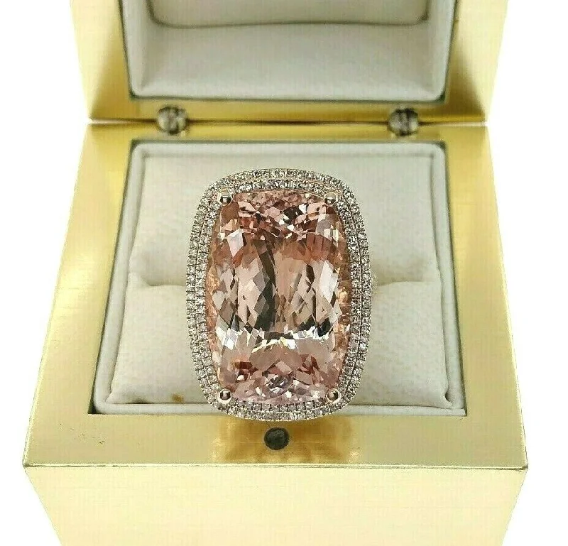 20.30 Carats Diamond and Long Cushion Morganite Halo Celebration Ring 14K Rose