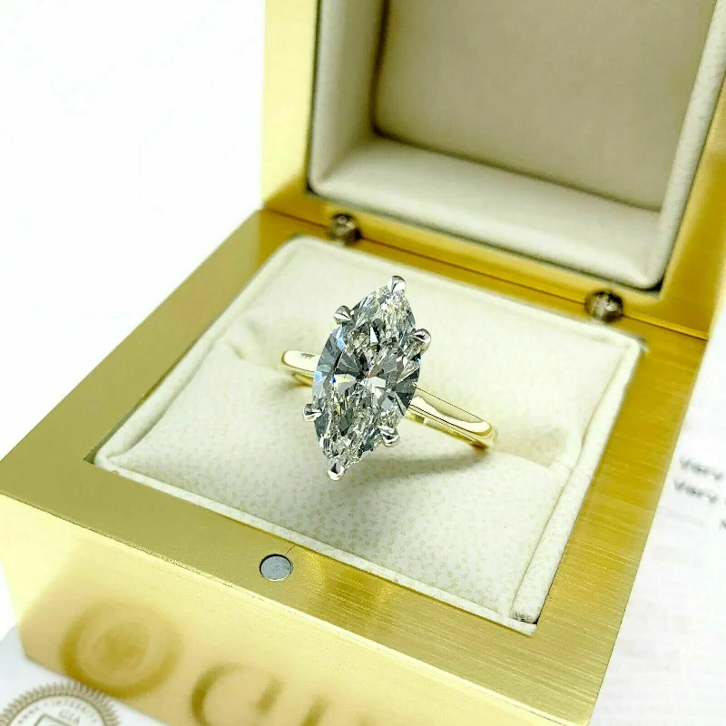 3.01 Carats GIA J SI1 Marquise Diamond UnderHalo Solitaire Wedding Ring 18K Plat