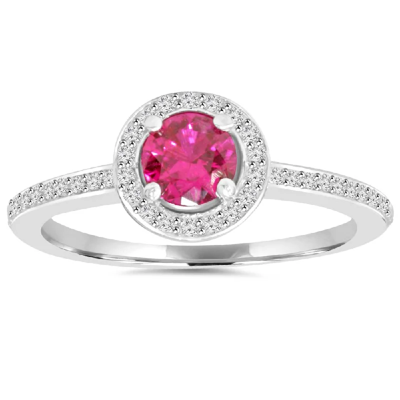 3/4ct Ruby Halo Diamond Pave Enagement Ring 14K White Gold