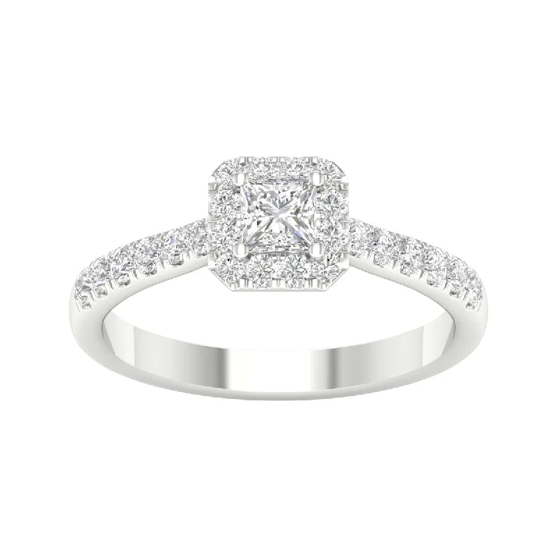 3/4ct TDW Princess Cut Diamond Halo Ring in 10k Gold by De Couer