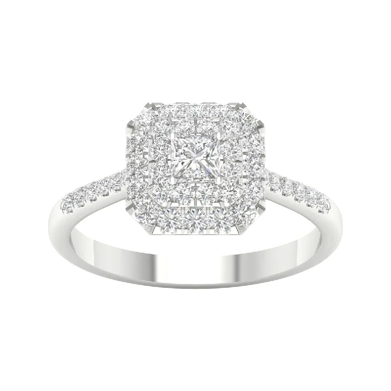 3/4ct TDW Princess Cut Diamond Halo Ring in 10k Gold by De Couer