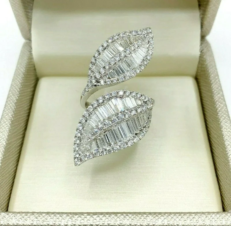 3.60 Carats Baguette & Round Diamond Double Leaves Ring1.60 Inch Length 18K Gold