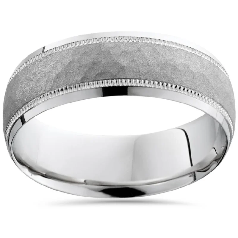 7mm Hammered Wedding Band 10K White Gold