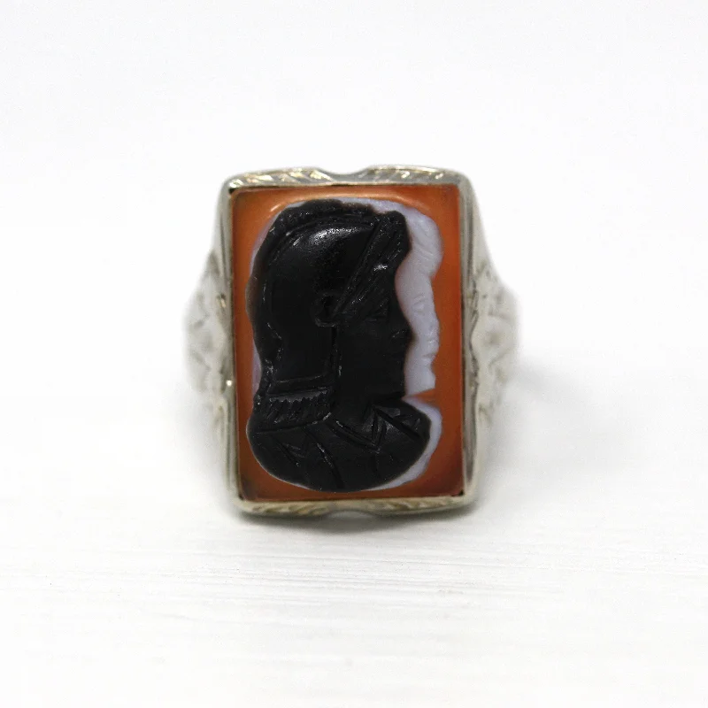 Sale - Art Deco Ring - Vintage 10k White Gold Engraved Design Genuine Sardonyx Warrior Cameo - Circa 1930s Era Size 10 1/2 Statement Jewelry