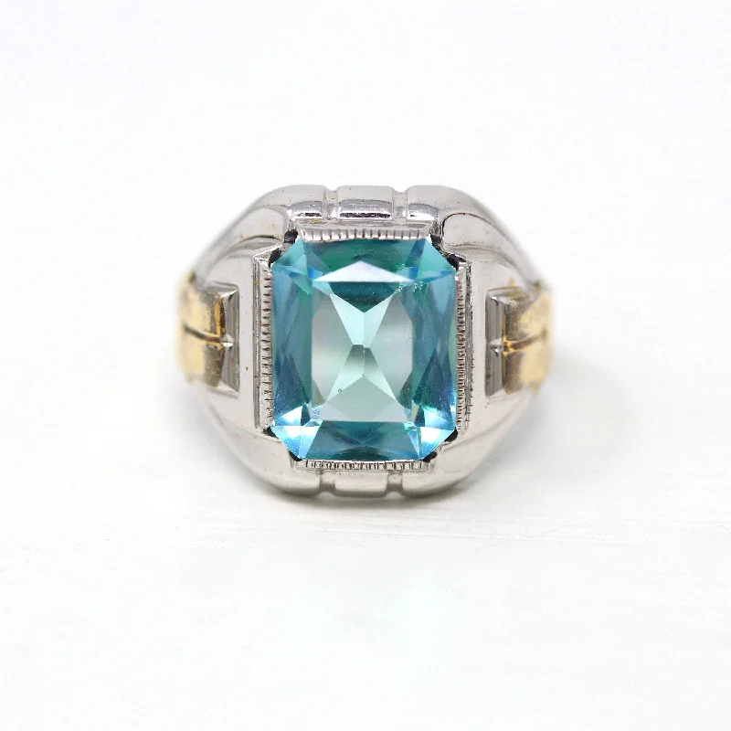 Sale - Art Deco Ring - Vintage Sterling Silver Emerald Cut Seafoam Green Teal Blue Glass Stone - 1930s Era Size 8 1/2 Ostby & Barton Jewelry