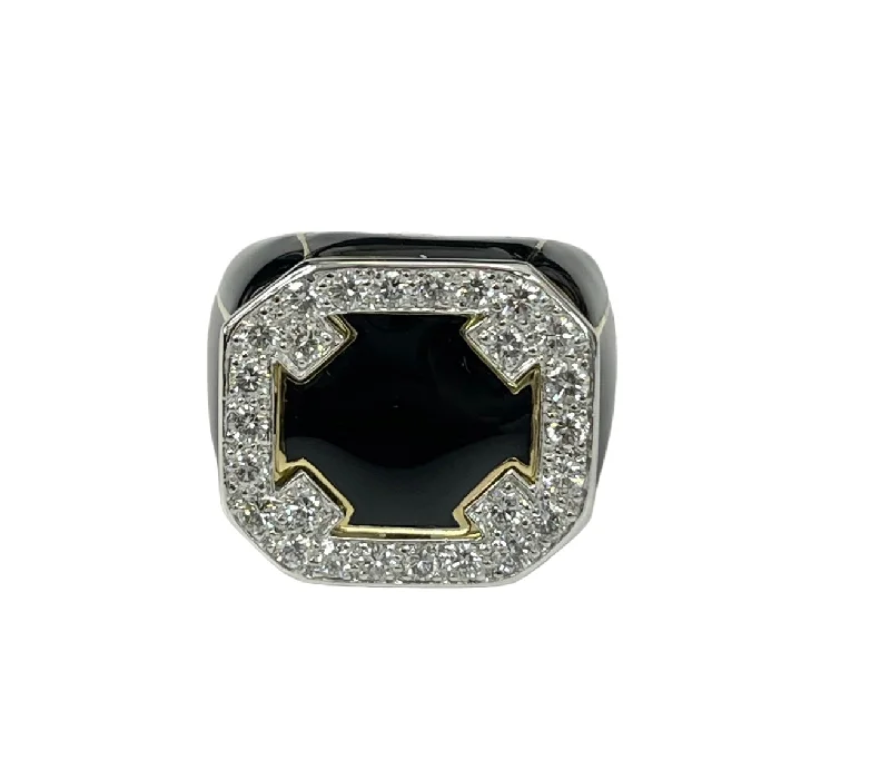 David Webb Enamel Diamond Ring Yellow Gold and Platinum