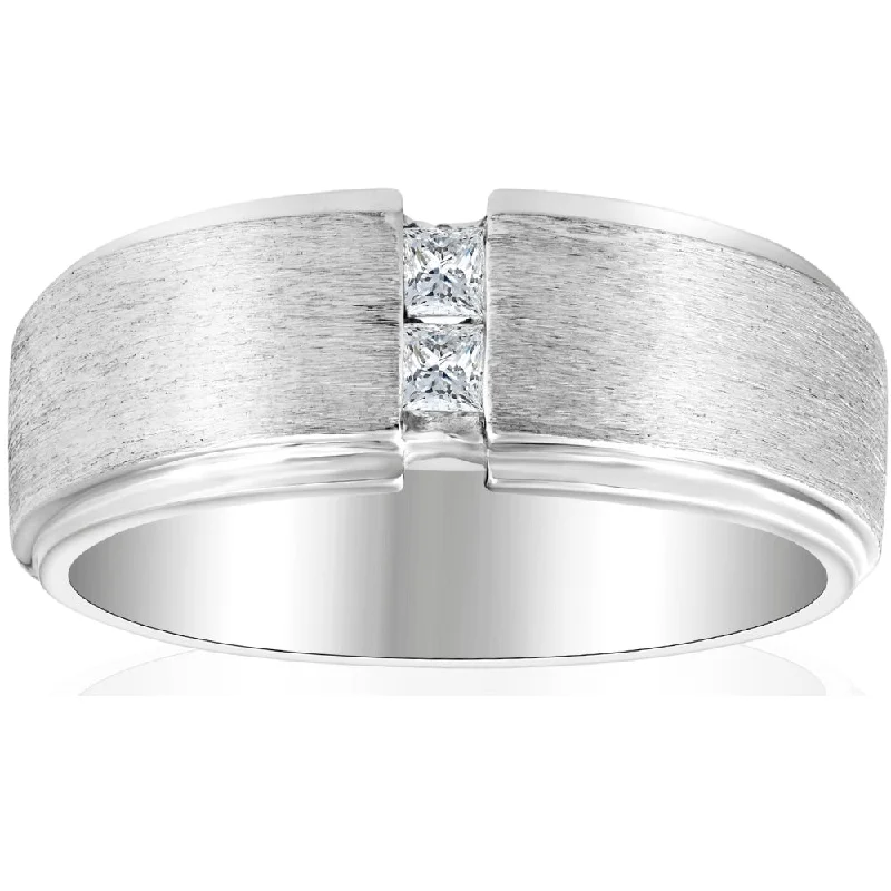 Mens 14K White Gold Brushed Princess Cut Diamond Wedding Ring