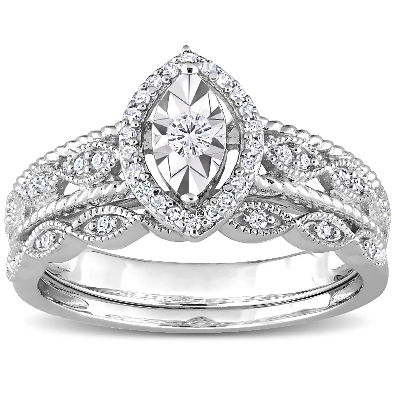 Miadora 1/5ct TDW Diamond Pear Halo Bridal Ring Set in Sterling Silver