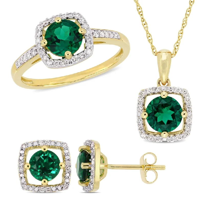 Miadora 10k Yellow Gold Created Emerald and 1/3ct TDW Diamond Floating Halo Jewelry Set