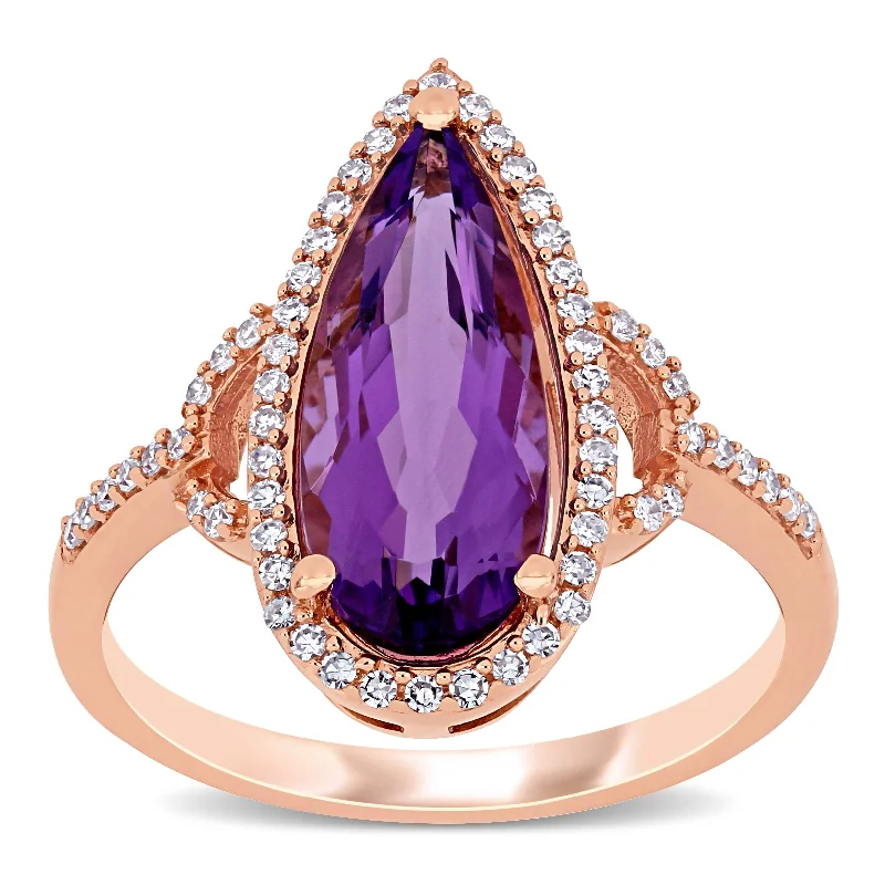 Miadora 14k Rose Gold Pear-cut Amethyst and 1/4ct TDW Diamond Halo Cocktail Ring