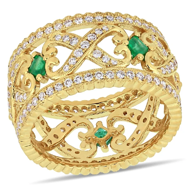 Miadora 14k Yellow Gold Emerald and 7/8ct TDW Diamond Criss-Cross Anniversary Band