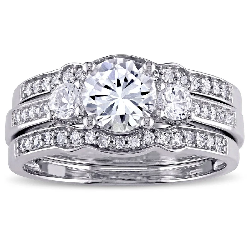 Miadora Signature Collection 10k White Gold Created White Sapphire and 1/4ct TDW Diamond Bridal Set