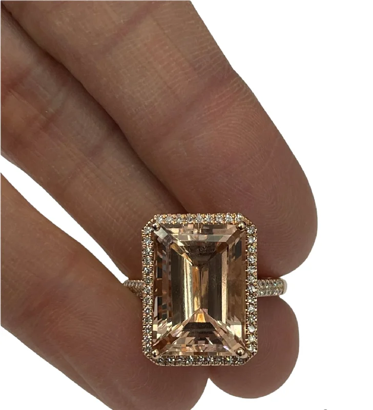 Morganite Gem Radiant Cut Diamond Ring Rose Gold 14kt