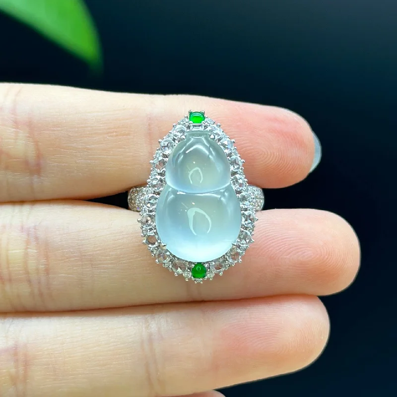 RealJade® "Amelie" 18k White Gold Natural Ice Jadeite Hulu Ring With Diamonds