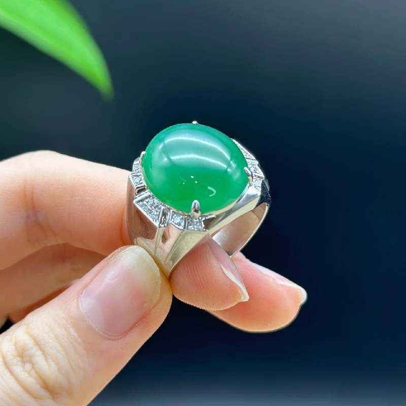 RealJade® "Signature Signet" 18K White Gold  Real Green Jadeite Jade Classic Men's Ring