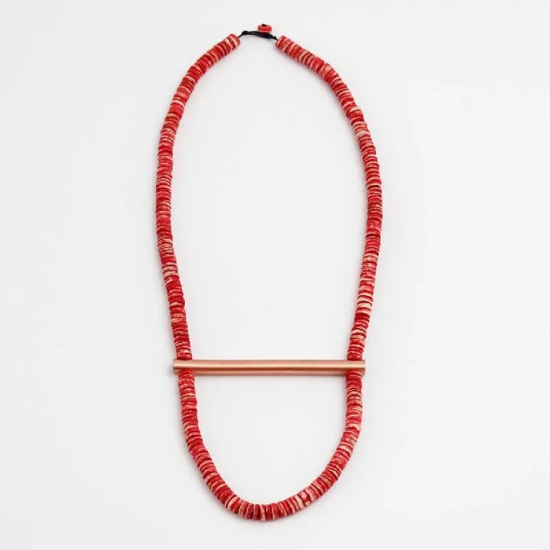 Red Beaded and Copper Bar Necklace