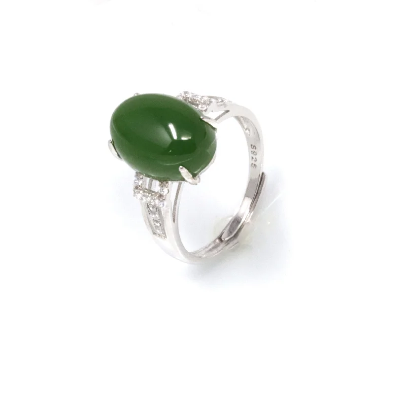 RealJade® "Classic Oval With Accents" Sterling Silver Real Green Nephrite Jade Classic Ring For Her