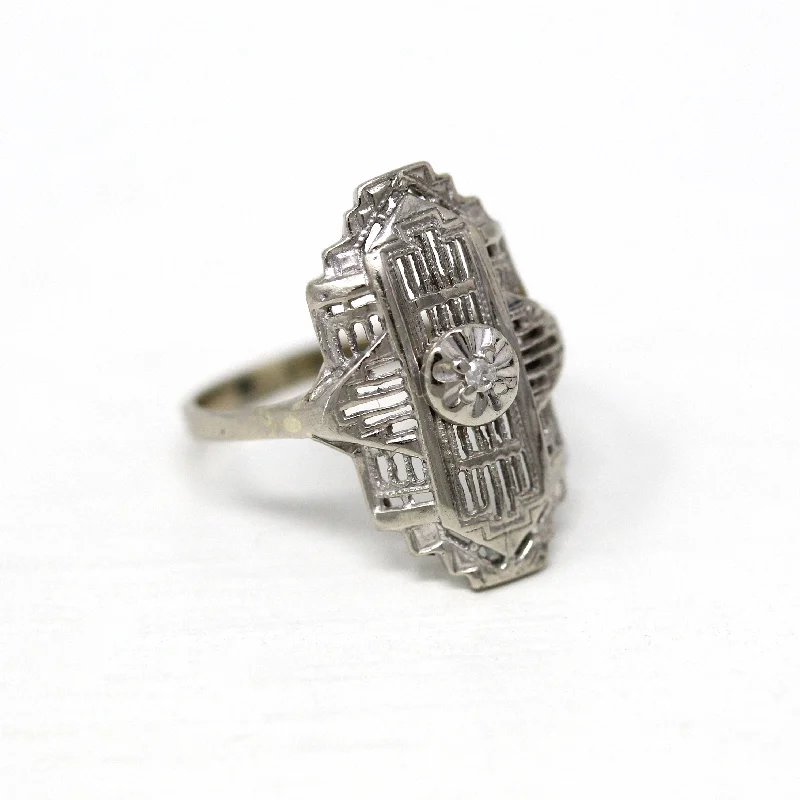 Sale - Vintage Shield Ring - Mid Century 10k White Gold Genuine .005 CT Diamond - Circa 1950s Era Size 3 3/4 Fine Statement Filigree Jewelry