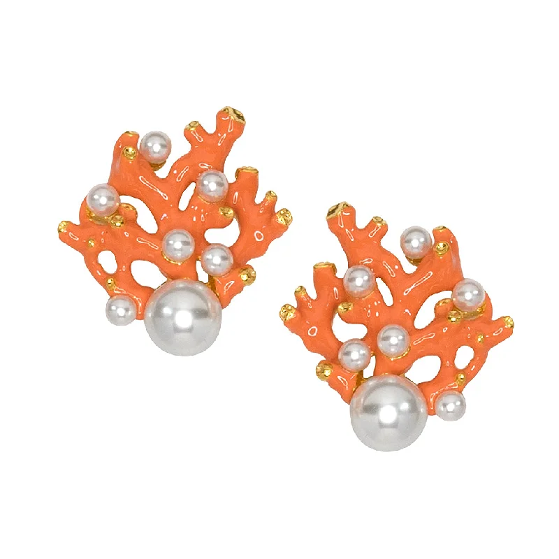 Coral & Pearl Dot Clip Earrings