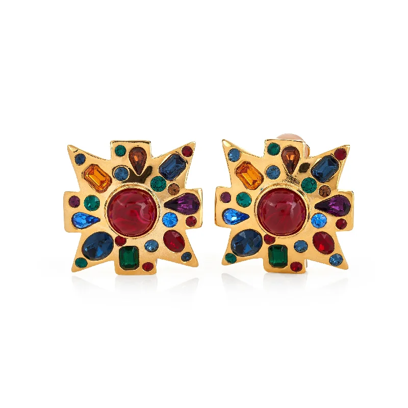 Gold Maltese Cross Clip Earrings