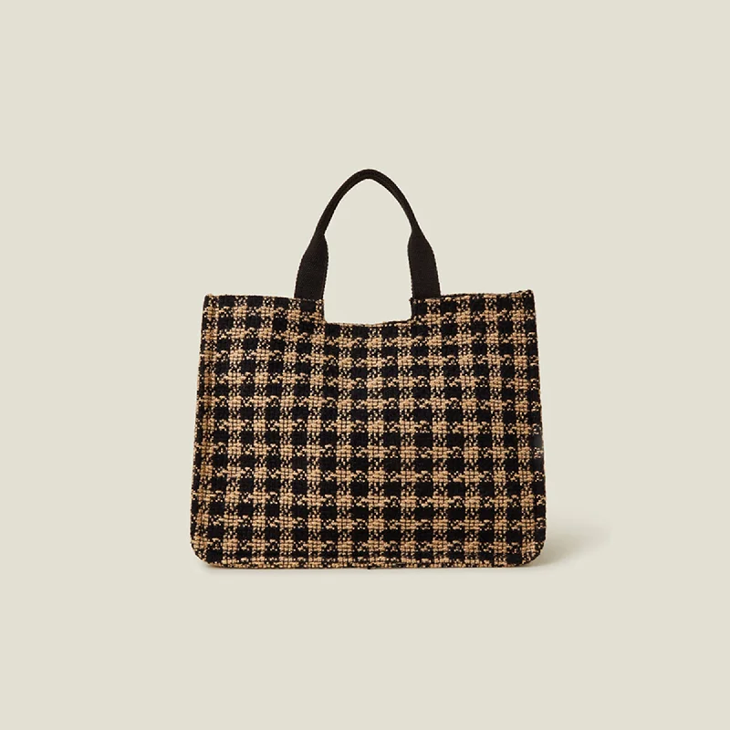 Black And White Large Woven Houndstooth Print Handbag