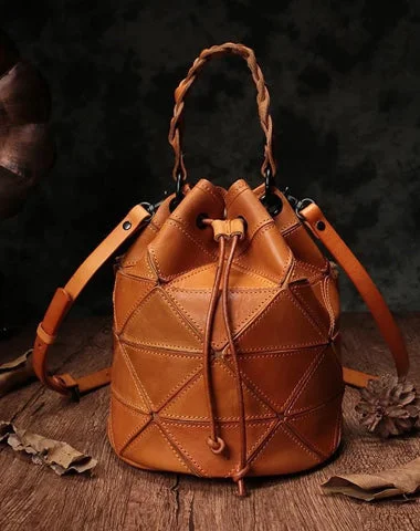 Cute Brown Leather Womens Bucket Shoulder Bag Green Handbag Barrel Bag for Ladies