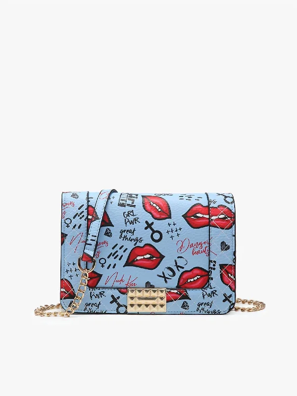 Lips Print Crossbody W/ Chain In Cerulean