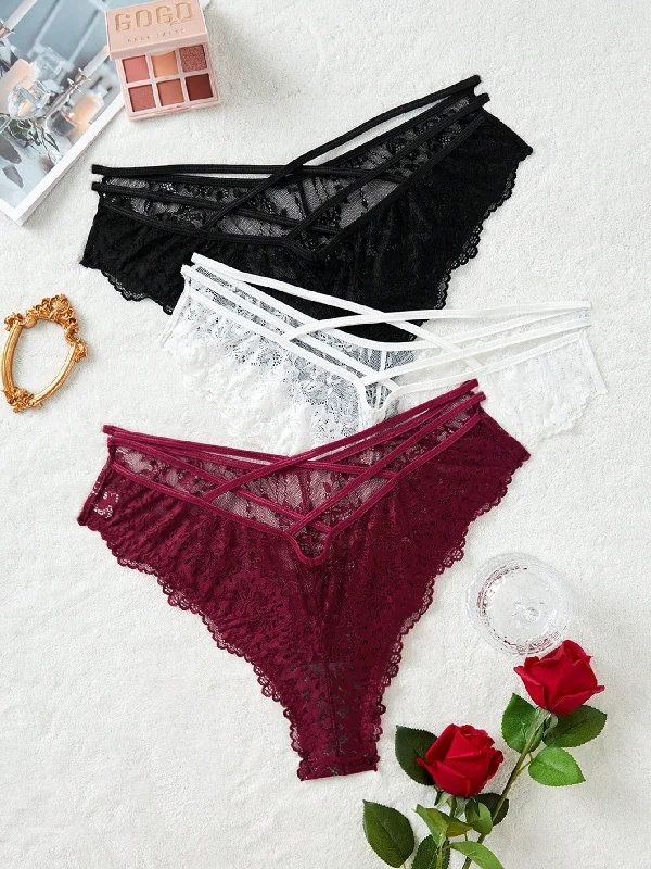 Plus 3pack Floral Lace Criss Cross Panty