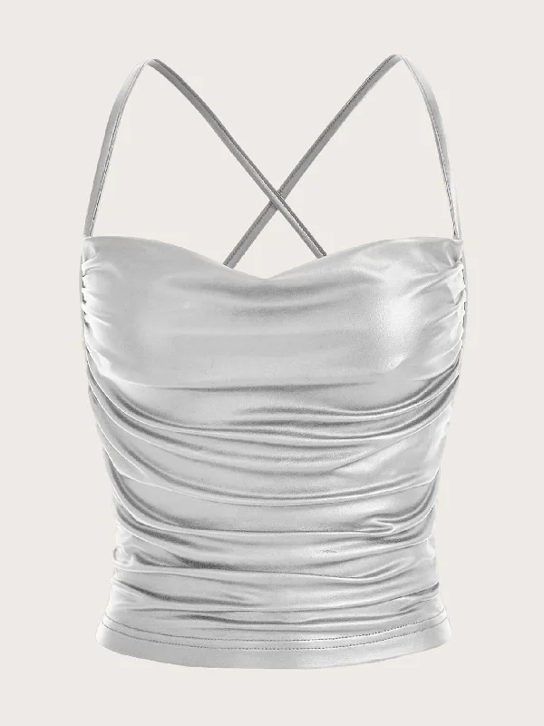 SHEIN ICON Metallic Draped Collar Crisscross Backless Ruched PU Leather Cami Top